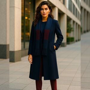 NWT Stephanie Mathews 100 Pure Merino Wool Navy Long Trench Coat Attached Scarf